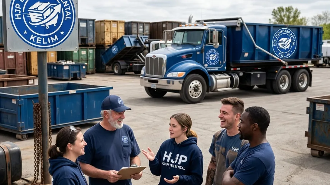 The HJP Dumpster Rental Kelim crew talking through the day’s routes at the yard