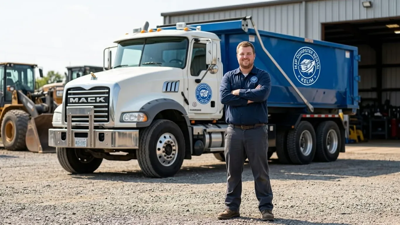 An HJP Dumpster Rental Kelim driver beside the roll-off truck fleet on the Kelim frontage road